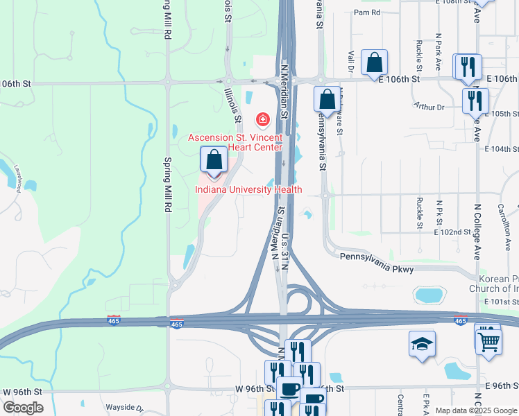 map of restaurants, bars, coffee shops, grocery stores, and more near 10290 North Meridian Street in Indianapolis