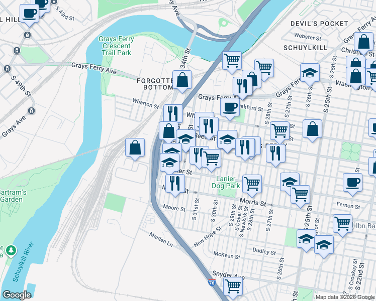 map of restaurants, bars, coffee shops, grocery stores, and more near 1425 South Patton Street in Philadelphia