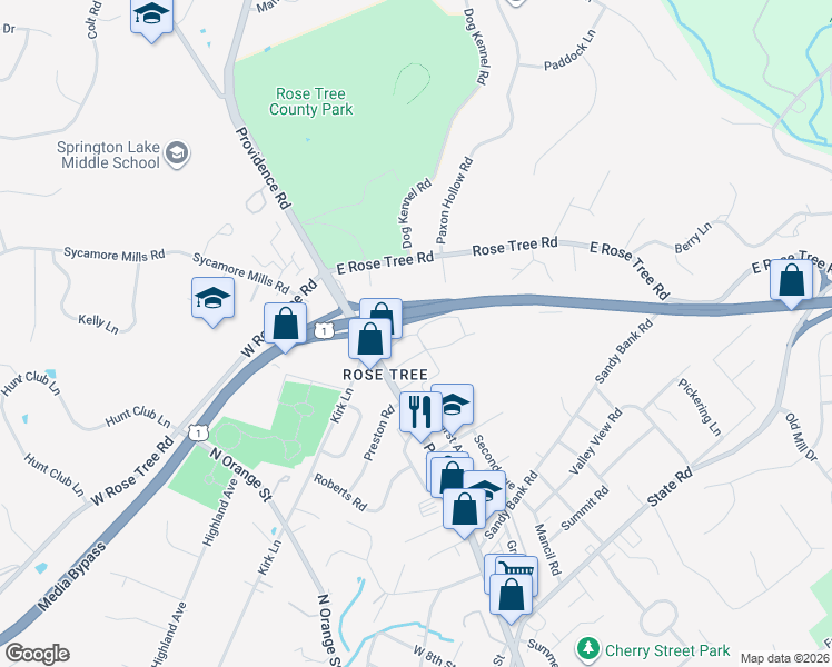 map of restaurants, bars, coffee shops, grocery stores, and more near 1295 North Providence Road in Media