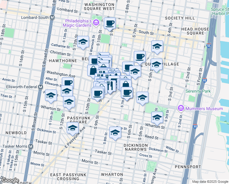 map of restaurants, bars, coffee shops, grocery stores, and more near 1100 East Passyunk Avenue in Philadelphia