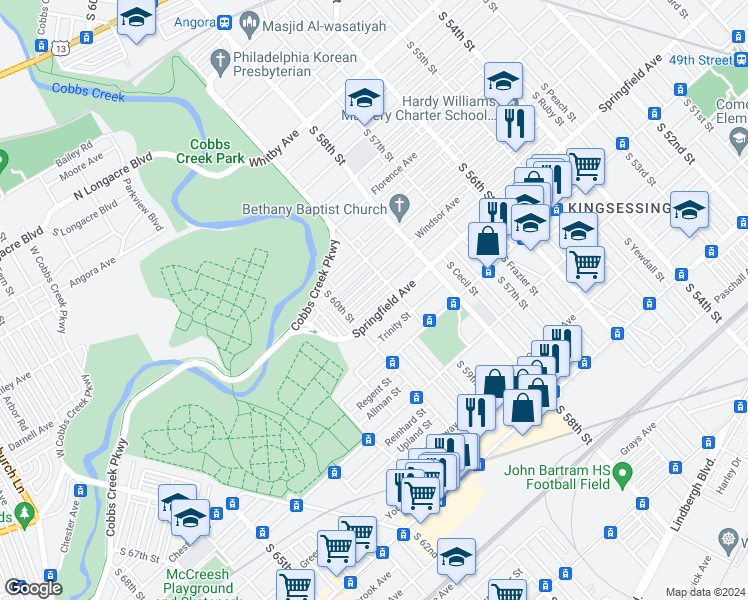 map of restaurants, bars, coffee shops, grocery stores, and more near 5922 Belmar Street in Philadelphia