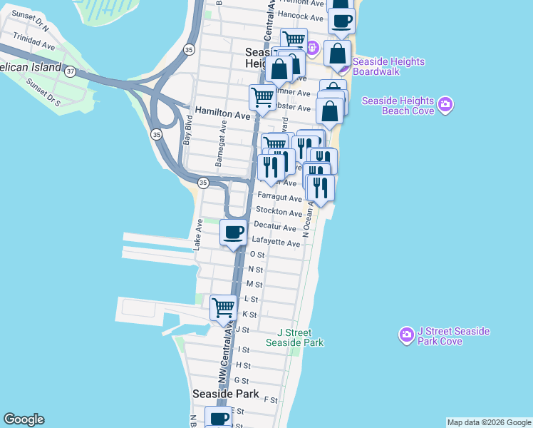 map of restaurants, bars, coffee shops, grocery stores, and more near 1808 Ocean Boulevard in Seaside Park