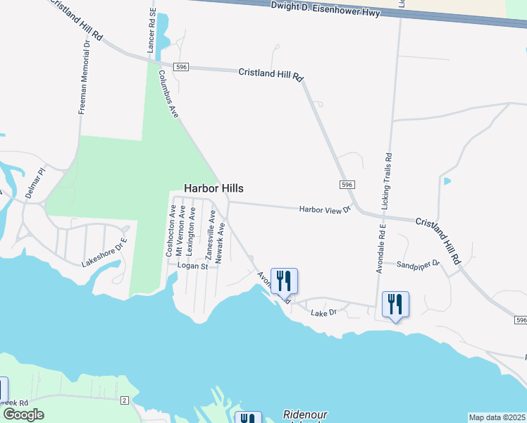 map of restaurants, bars, coffee shops, grocery stores, and more near 295 Harbor View Drive in Thornville