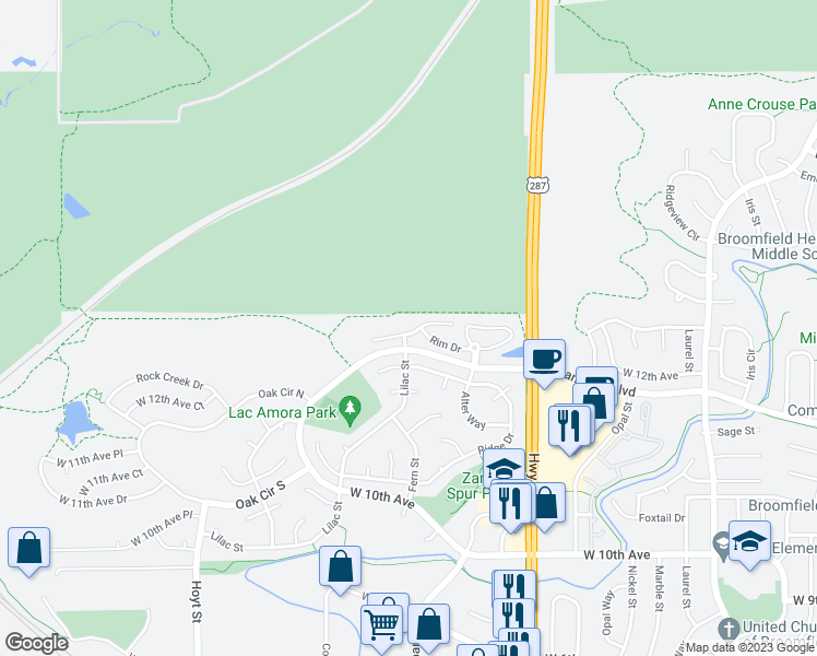 map of restaurants, bars, coffee shops, grocery stores, and more near 2655 Overlook Drive in Broomfield