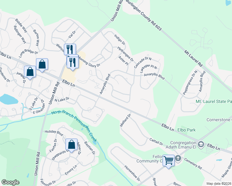 map of restaurants, bars, coffee shops, grocery stores, and more near 716 Chickory Drive in Mount Laurel Township