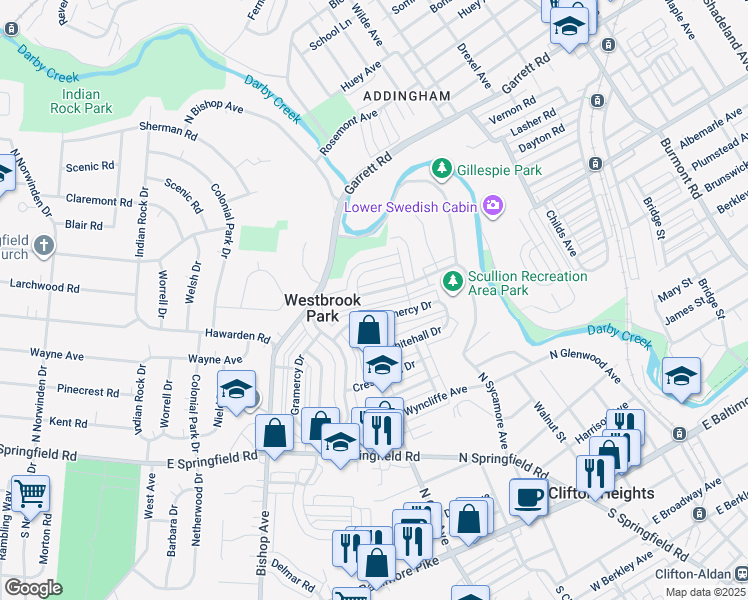 map of restaurants, bars, coffee shops, grocery stores, and more near 5161 Palmer Mill Road in Clifton Heights