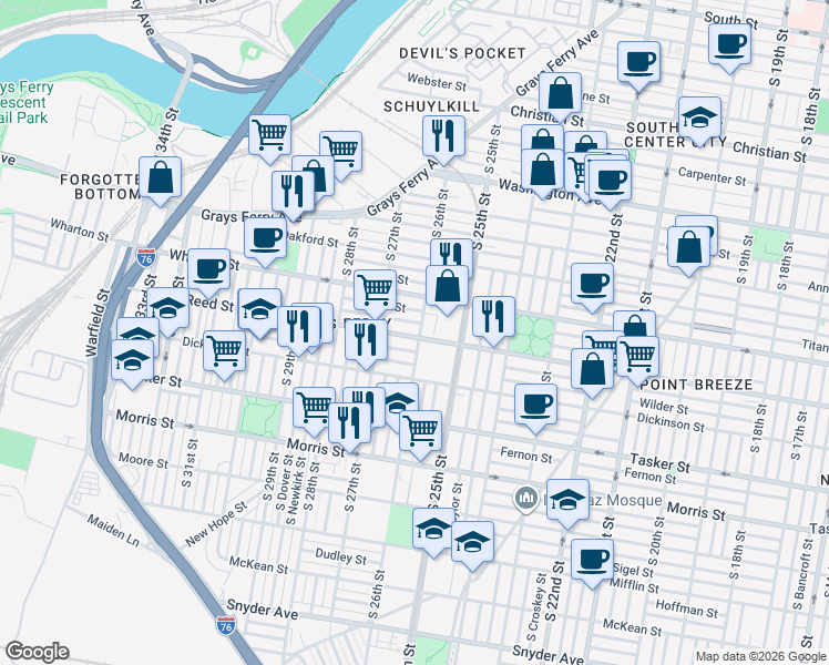 map of restaurants, bars, coffee shops, grocery stores, and more near 1324 South 26th Street in Philadelphia
