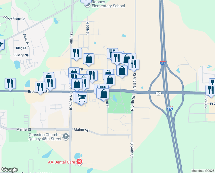 map of restaurants, bars, coffee shops, grocery stores, and more near North 52nd Street in Quincy