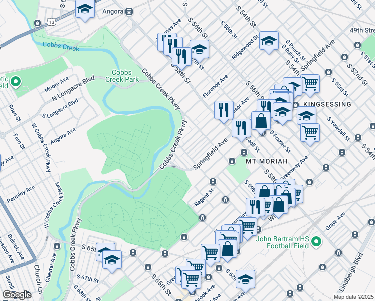 map of restaurants, bars, coffee shops, grocery stores, and more near 5957 Windsor Avenue in Philadelphia