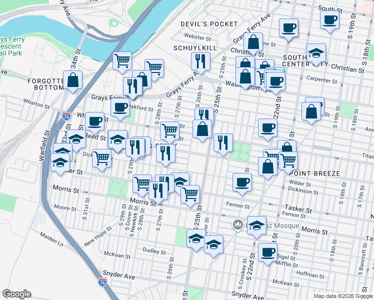 map of restaurants, bars, coffee shops, grocery stores, and more near 1324 South 26th Street in Philadelphia