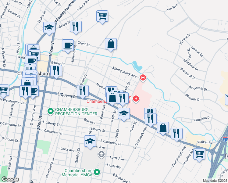 map of restaurants, bars, coffee shops, grocery stores, and more near 535 Nelson Street in Chambersburg