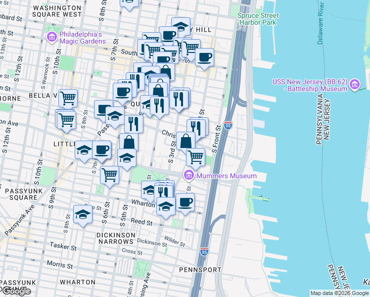 map of restaurants, bars, coffee shops, grocery stores, and more near 905 South Bodine Street in Philadelphia