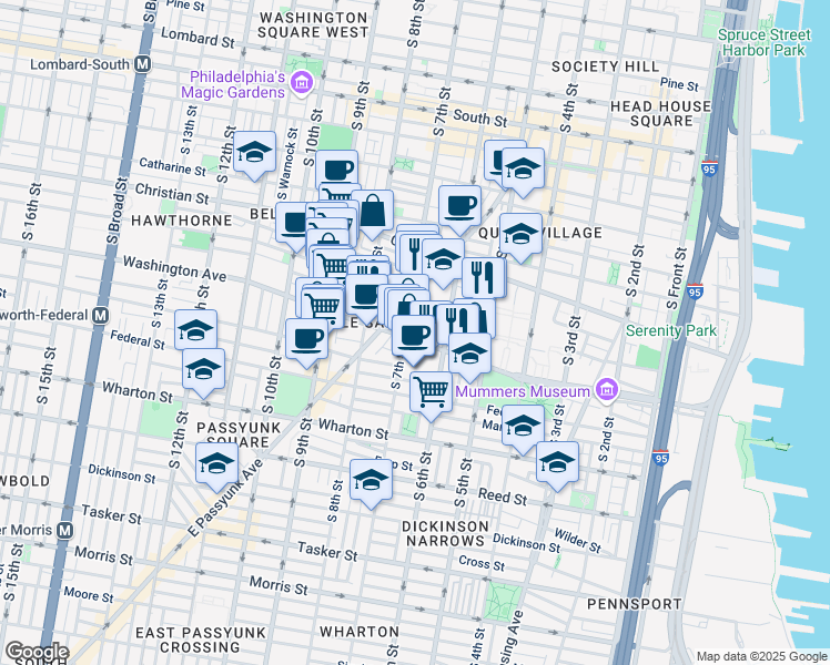 map of restaurants, bars, coffee shops, grocery stores, and more near 951 East Passyunk Avenue in Philadelphia