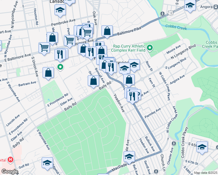 map of restaurants, bars, coffee shops, grocery stores, and more near 612 Yeadon Avenue in Lansdowne