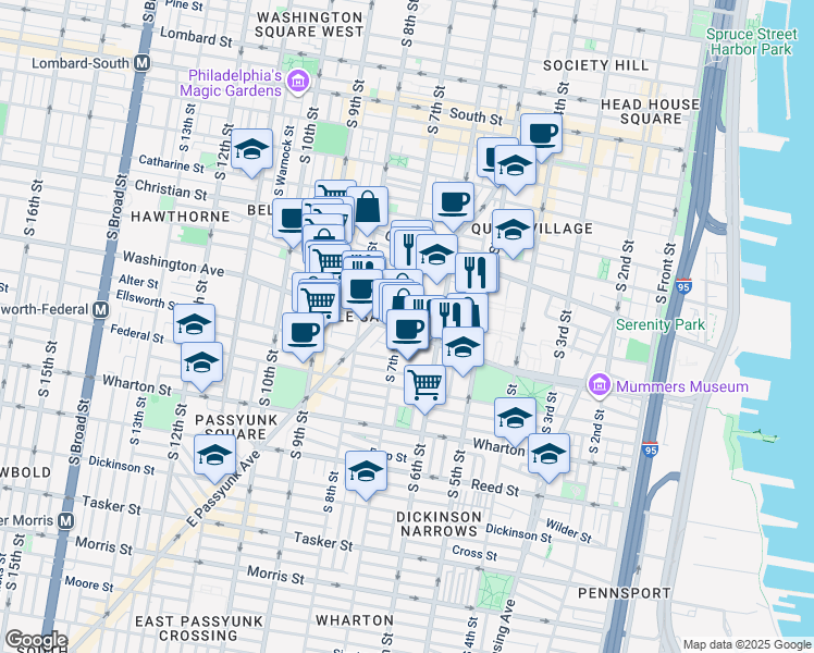 map of restaurants, bars, coffee shops, grocery stores, and more near 643 Washington Avenue in Philadelphia