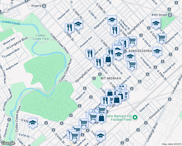 map of restaurants, bars, coffee shops, grocery stores, and more near 5843 Trinity Street in Philadelphia