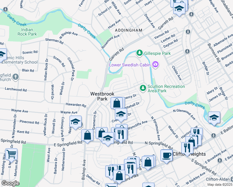 map of restaurants, bars, coffee shops, grocery stores, and more near 5203 Palmer Mill Road in Clifton Heights