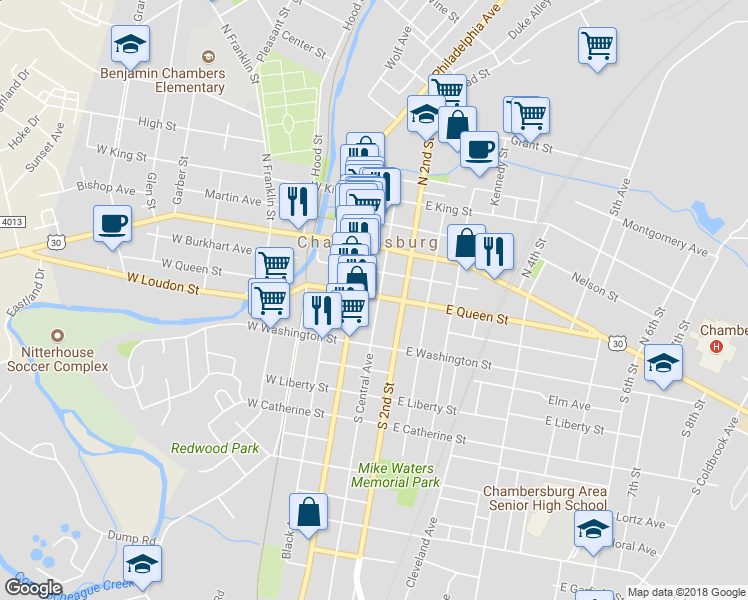 map of restaurants, bars, coffee shops, grocery stores, and more near 123 East Queen Street in Chambersburg