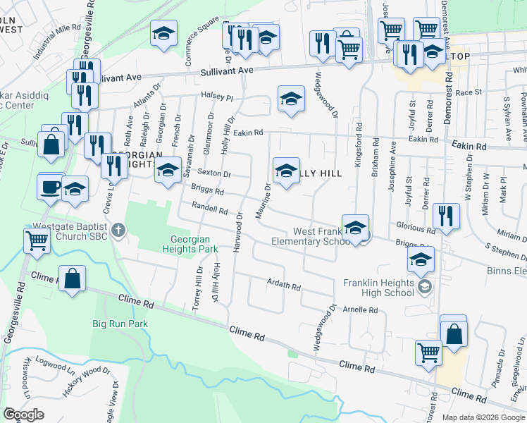 map of restaurants, bars, coffee shops, grocery stores, and more near 860 Maurine Drive in Columbus