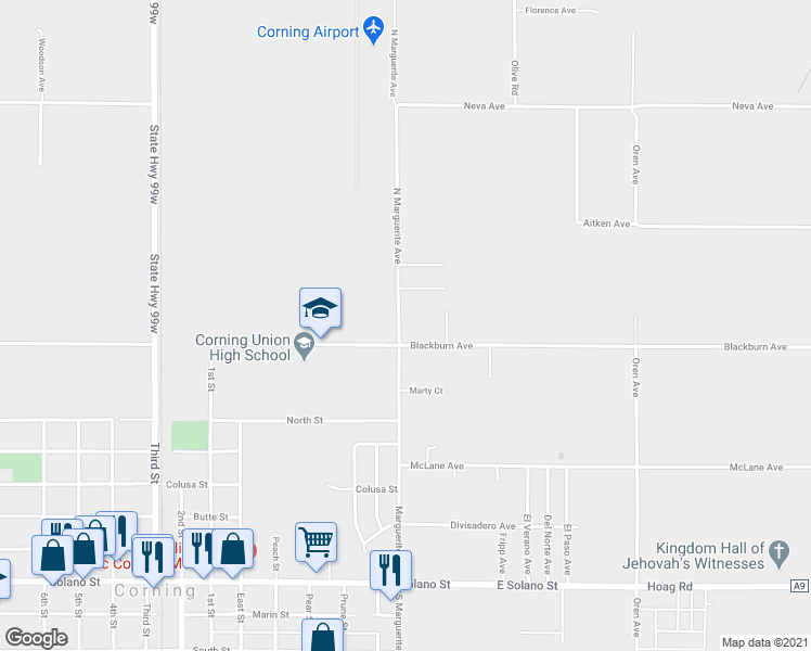 map of restaurants, bars, coffee shops, grocery stores, and more near 189 North Marguerite Avenue in Corning