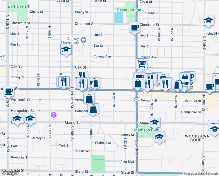 map of restaurants, bars, coffee shops, grocery stores, and more near 2075 Broadway Street in Quincy