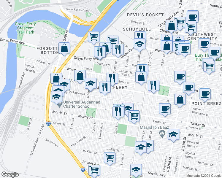 map of restaurants, bars, coffee shops, grocery stores, and more near 1406 South 28th Street in Philadelphia