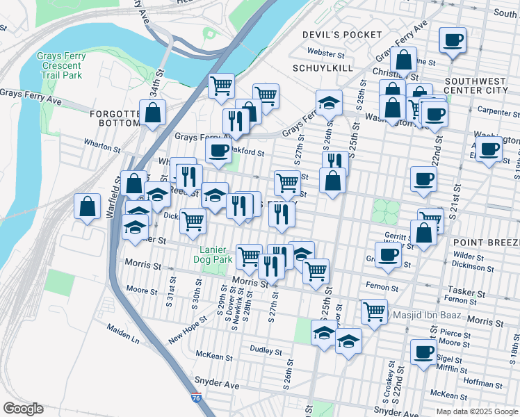 map of restaurants, bars, coffee shops, grocery stores, and more near 1406 South 28th Street in Philadelphia