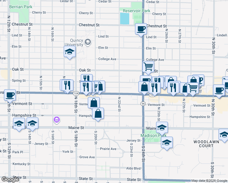 map of restaurants, bars, coffee shops, grocery stores, and more near 2075 Broadway Street in Quincy