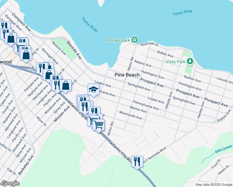 map of restaurants, bars, coffee shops, grocery stores, and more near 225 Linden Avenue in Pine Beach
