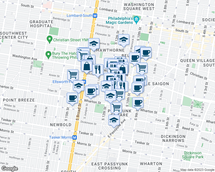 map of restaurants, bars, coffee shops, grocery stores, and more near 1150 South 12th Street in Philadelphia