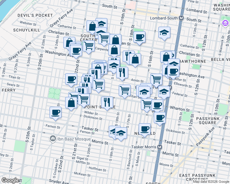 map of restaurants, bars, coffee shops, grocery stores, and more near 1234 South 19th Street in Philadelphia