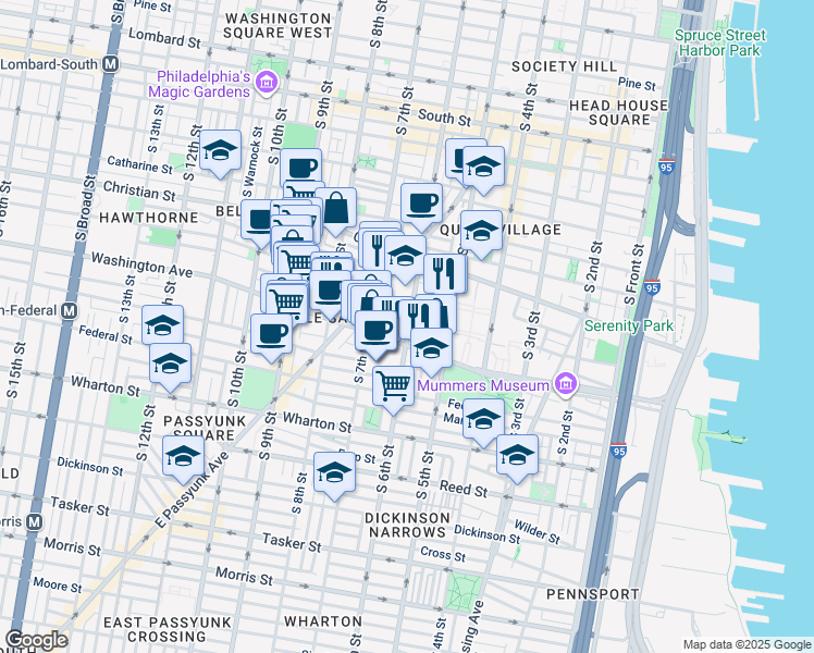 map of restaurants, bars, coffee shops, grocery stores, and more near 1026 South 6th Street in Philadelphia