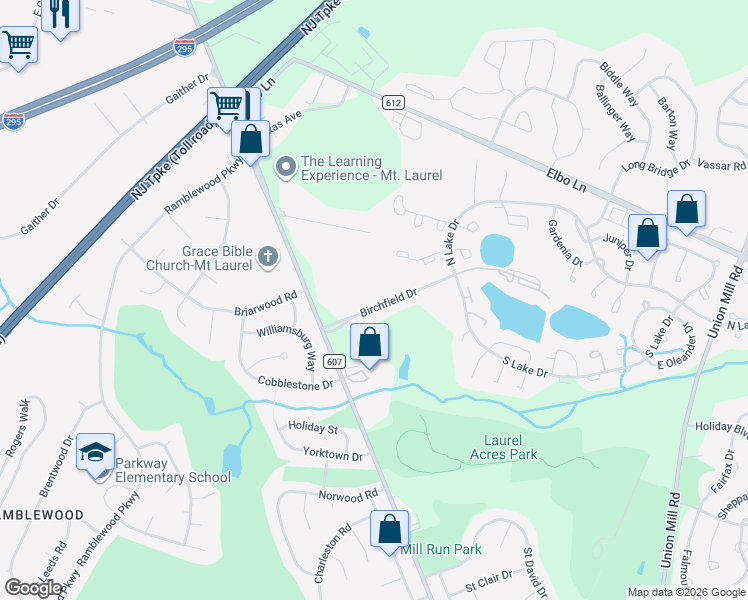 map of restaurants, bars, coffee shops, grocery stores, and more near 401 Birchfield Drive in Mount Laurel