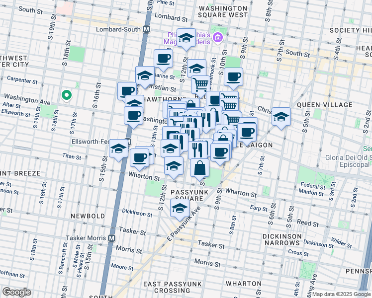 map of restaurants, bars, coffee shops, grocery stores, and more near 1146 South 11th Street in Philadelphia