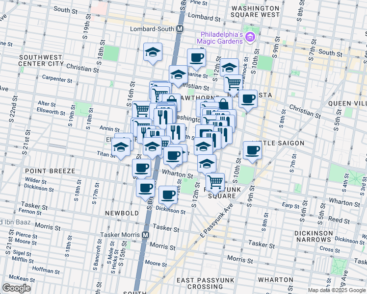 map of restaurants, bars, coffee shops, grocery stores, and more near 1148 South 13th Street in Philadelphia