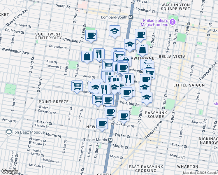 map of restaurants, bars, coffee shops, grocery stores, and more near in Philadelphia