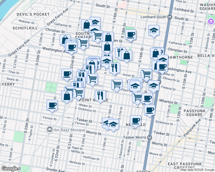 map of restaurants, bars, coffee shops, grocery stores, and more near 1234 South 19th Street in Philadelphia