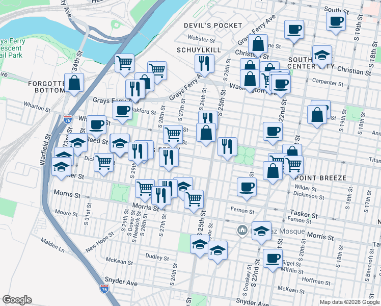 map of restaurants, bars, coffee shops, grocery stores, and more near 1324 South 26th Street in Philadelphia