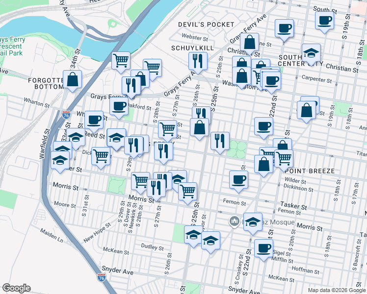 map of restaurants, bars, coffee shops, grocery stores, and more near 1324 South 26th Street in Philadelphia