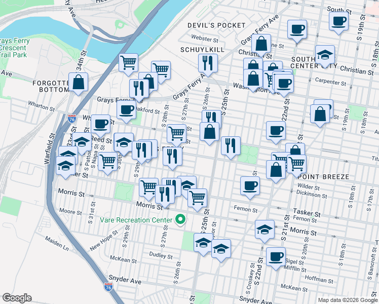 map of restaurants, bars, coffee shops, grocery stores, and more near 1324 South 26th Street in Philadelphia
