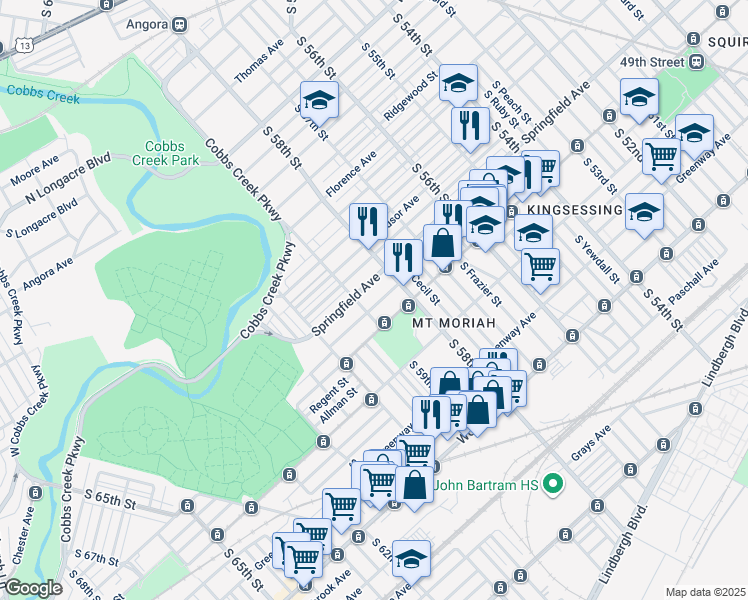 map of restaurants, bars, coffee shops, grocery stores, and more near 5813 Trinity Street in Philadelphia