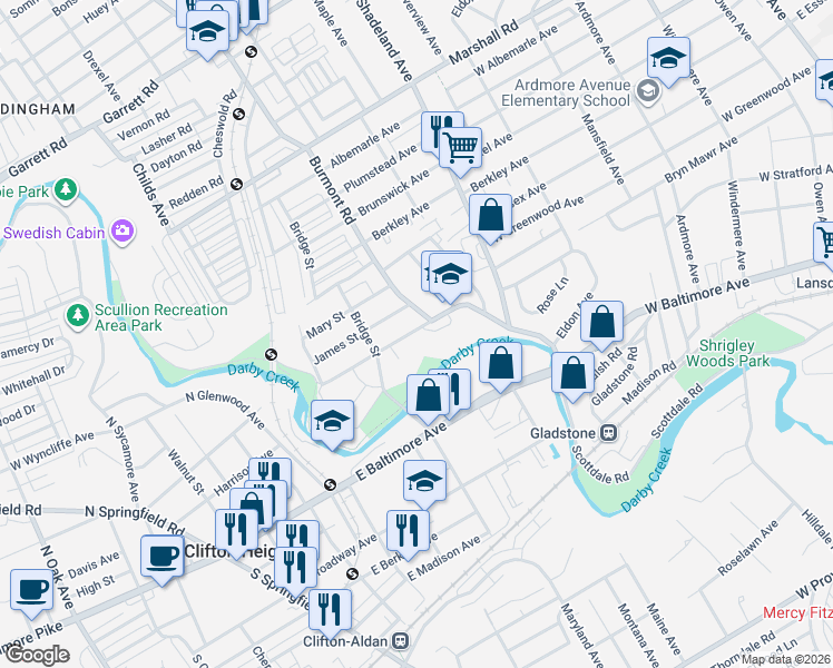 map of restaurants, bars, coffee shops, grocery stores, and more near 3809 Dennison Avenue in Drexel Hill