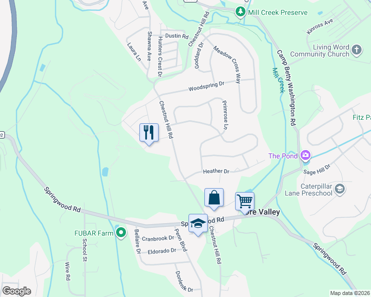 map of restaurants, bars, coffee shops, grocery stores, and more near 2776 Primrose Lane in York