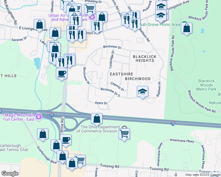 map of restaurants, bars, coffee shops, grocery stores, and more near 6377 Cherroy Drive in Reynoldsburg
