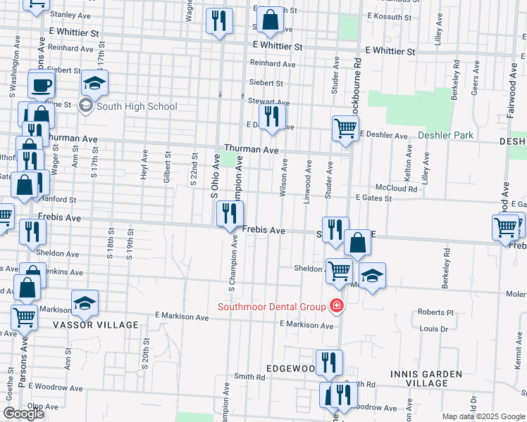 map of restaurants, bars, coffee shops, grocery stores, and more near 1418 Oakwood Avenue in Columbus