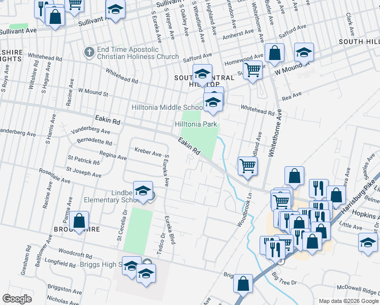 map of restaurants, bars, coffee shops, grocery stores, and more near 2413 Eakin Road in Columbus