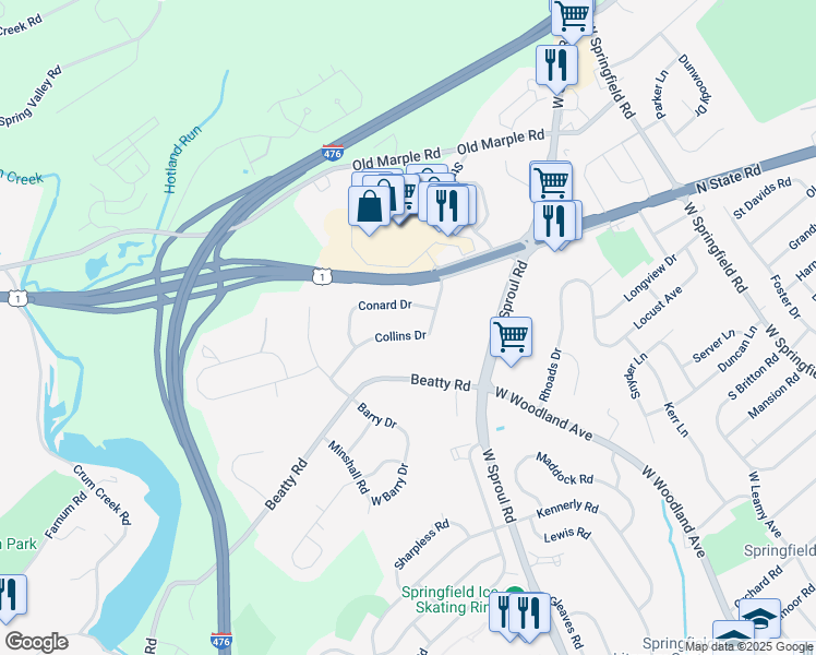 map of restaurants, bars, coffee shops, grocery stores, and more near 420 Collins Drive in Springfield