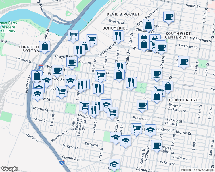 map of restaurants, bars, coffee shops, grocery stores, and more near in Philadelphia