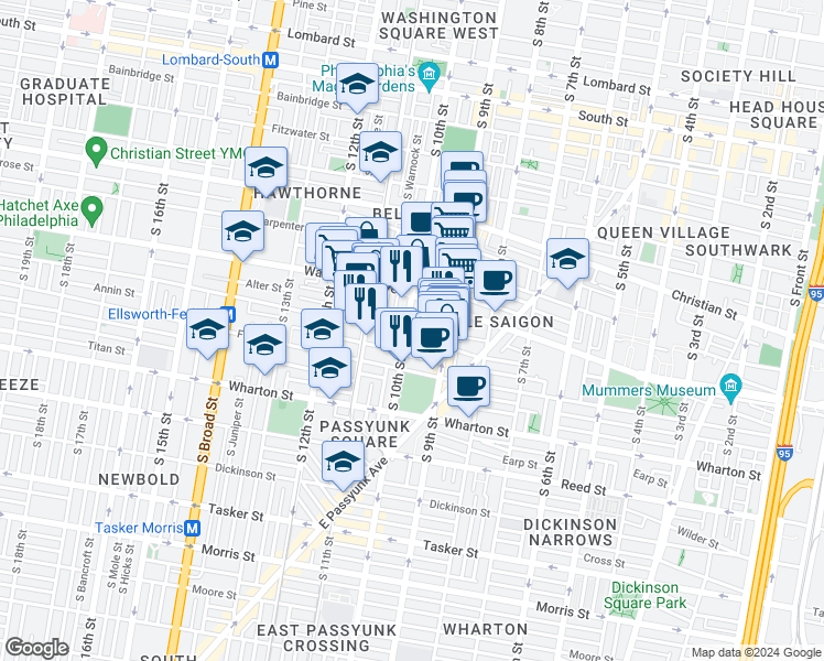 map of restaurants, bars, coffee shops, grocery stores, and more near 1141 South 10th Street in Philadelphia
