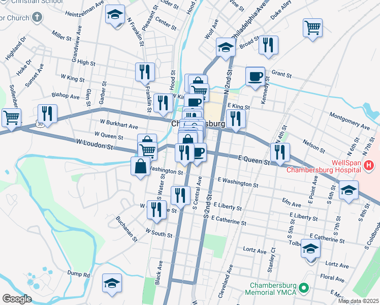 map of restaurants, bars, coffee shops, grocery stores, and more near 109 South Main Street in Chambersburg